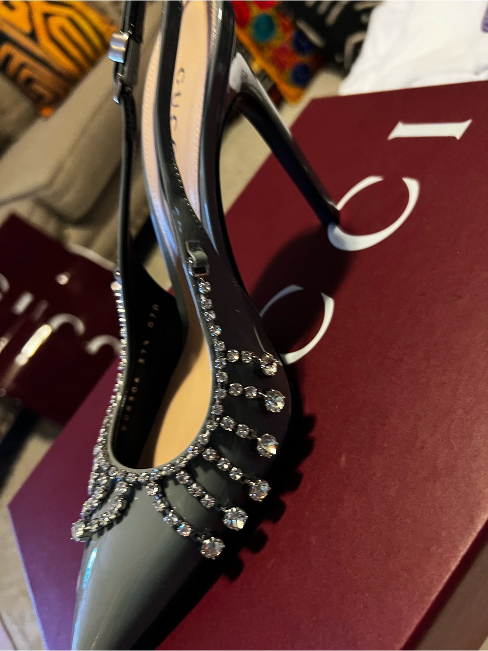Gucci Gray Patent Leather High-Stiletto Sandal with Double G Buckle
